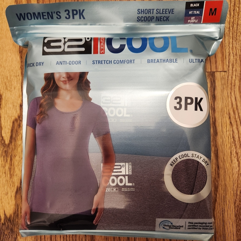 32 Degree Cool Women's 3 Pk Short Sleeve, Scoop Neck, Medium